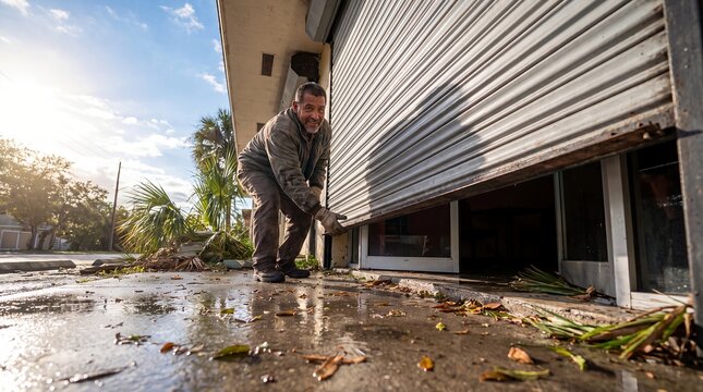 florida cafe owner shutter storm cleanup business reopening resilience hospitality A small business owner raises a damaged metal shutter after for regional business marketing and service campaigns