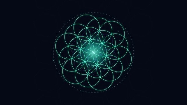 Abstract Glowing Geometric Sacred Geometry Flower of Life Pattern with Cyan and Green Light Lines on Dark Background Futuristic Technology Animation Motion Graphics