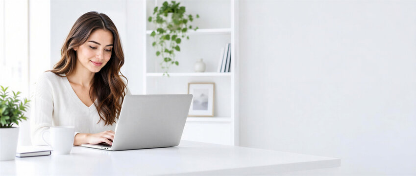 A young woman working on laptop in a minimalist white room. Wide panoramic header banner background with copy space for text.