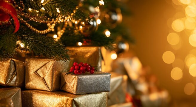 Golden Christmas Gifts Under Decorated Tree with Warm Lights