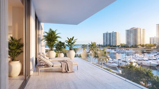 florida waterfront condo balcony marina luxury real estate travel architecture An elegant private terrace overlooks yachts and modern coastal towers for property marketing and real estate campaigns
