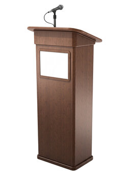 Wooden podium with a microphone for public speaking and presentations.