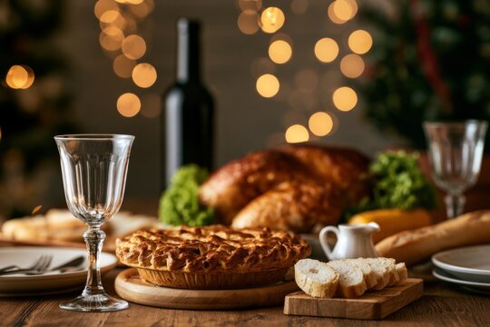 Festive Holiday Dinner Table with Roast Pie and Wine Glasses