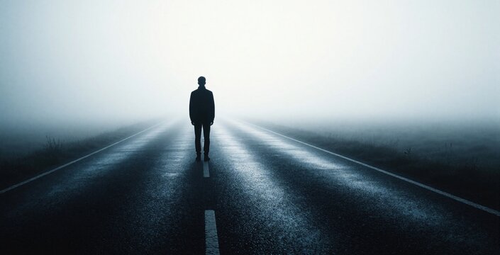 Lonely man stands on empty highway in thick fog. Silhouette of person facing misty road during dark morning. Concept of nihilism, existentialism, life journey. Searching for purpose truth in