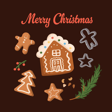 Merry Christmas greeting card with gingerbread house, gingerbread man, star, tree cookies, metal cutters, and fir branch on dark brown background. Vector card