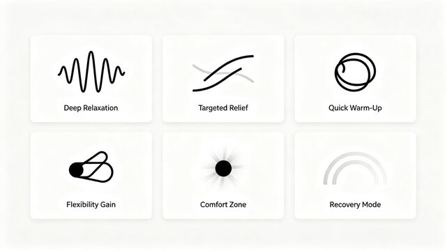 Minimalist line body soothing function icon, representing deep relaxation and targeted soothing, suitable for overseas advertising and selling modules of rehabilitation therapy products.
