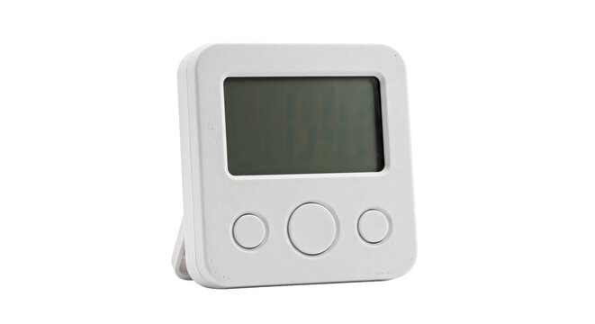 Small white digital timer with a dark display and three round buttons is positioned on a clean white background