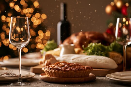 Elegant Holiday Dinner Table with Pie Wine and Festive Lights