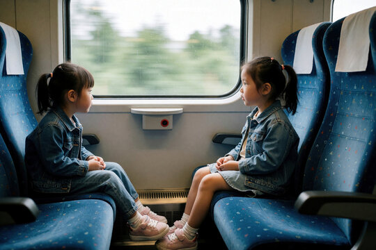 Two little Asian girls sit on blue seats inside moving train. Young female travelers wear denim jackets, look at through window. Kids enjoy rail trip journey together watching scenery pass by during