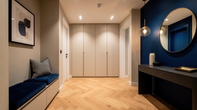Modern minimalist hallway with blue accent wall, round mirror. Elegant interior design features wooden herringbone floor, beige built in wardrobes, console table, bench seating. Stylish home