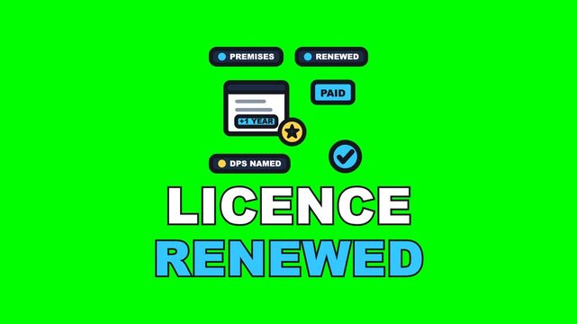 4K green screen LICENCE RENEWED animated text - the expiry runs down, the fee goes through and the date pushes on, kinetic typography hospitality admin overlay for operators, chroma key