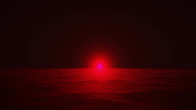 Glowing crimson red light shines across dark ocean surface waves on an alien horizon in a 3D animation