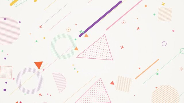 Memphis geometric shapes with diagonal pastel lines, triangles, circles and confetti moving on cream background, seamless loop
