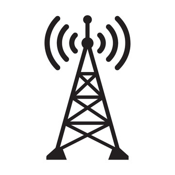 Black and white icon of a tall telecommunications tower emitting radio waves for wireless data transmission and connectivity