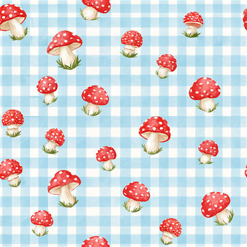 vichy fabric pattern, sky baby blue, with very small red mushroom as part of the pattern itself