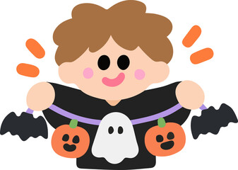 Obraz premium Cute Halloween boy holding spooky party garland banner with pumpkins ghosts and bats sticker illustration