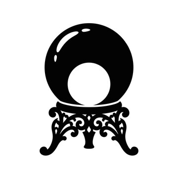 Mystical crystal ball on ornate stand vector, magic fortune teller sphere icon, black silhouette of divination glass ball for occult design Halloween Silhouette Editable EPS