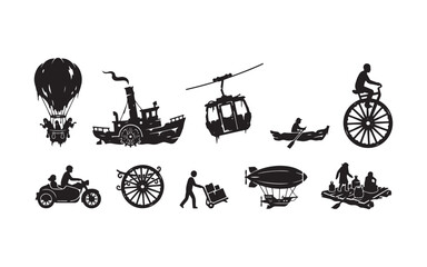 Collection of vintage transportation icons featuring various historic vehicles like steamships airships bicycles and early motorbikes © Targina Khatun