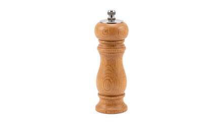Tall wooden pepper mill with a shiny silver top stands vertically on a clean white background © no one