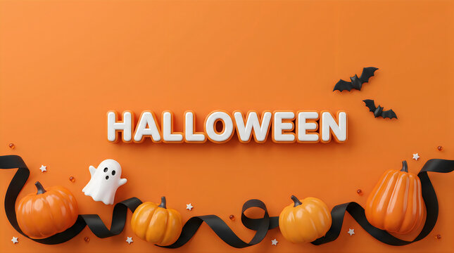 Festive seasonal background featuring creative halloween 3d typography surrounded by pumpkins ghost and bats on orange surface