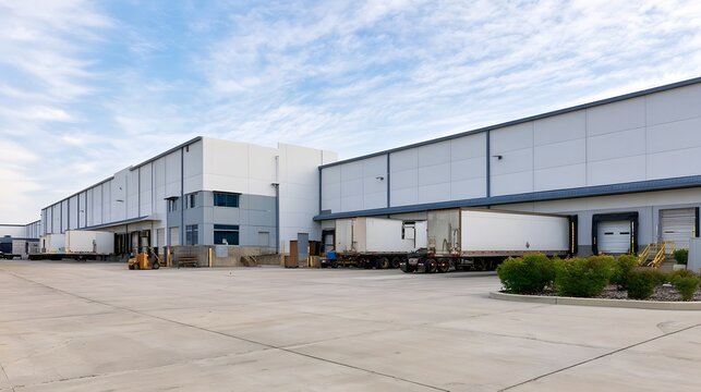 Modern industrial warehouse with loading docks and parked semi trailers under a partly cloudy sky