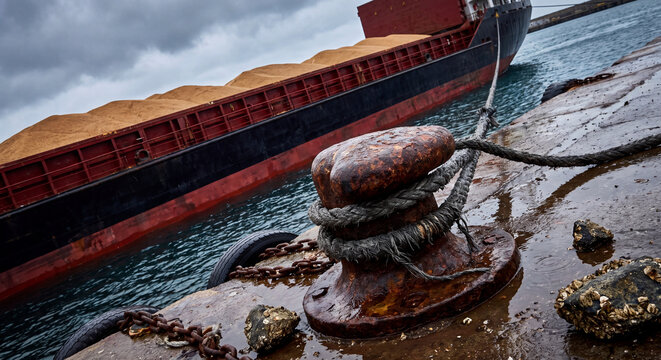 Heavy iron mooring bollard secured with thick rope against large industrial cargo ship in harbor