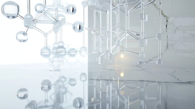 Abstract 3D render of white molecular structure on reflective surface