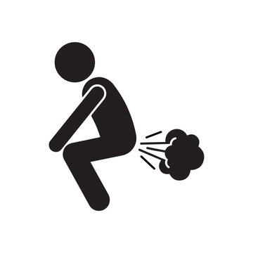 A simple black stick figure icon depicting a person passing gas or farting isolated on a white background