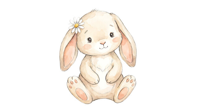 Sweet baby bunny with white daisy flower watercolor portrait for easter greeting cards and newborn nursery room decor