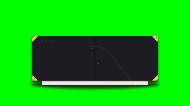 4K corporate commercial motion graphic featuring a charcoal craft dossier folder with brass corners. String-tie unloops as dual flaps swing open to reveal an ivory cotton executive report 