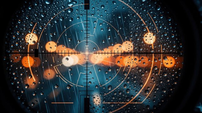 Rainy night city view through sniper scope lens. Water drops on glass create bokeh effect. Futuristic HUD overlay hints at game interface elements.