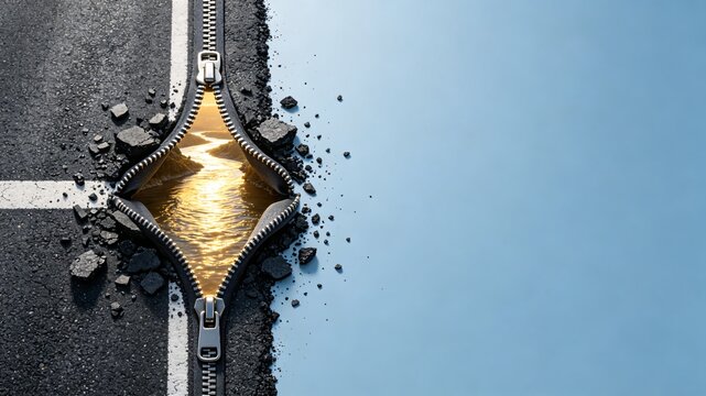 Zipper on asphalt road revealing golden river landscape