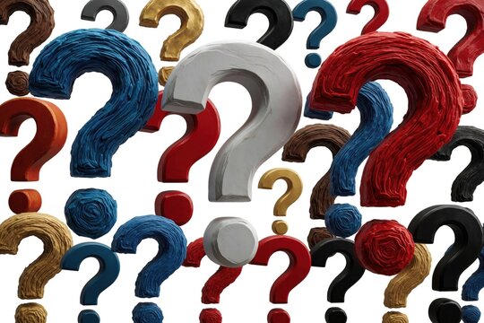 Various colored question marks in different sizes and textures fill the background. This represents confusion uncertainty inquiry and asking questions about many topics.