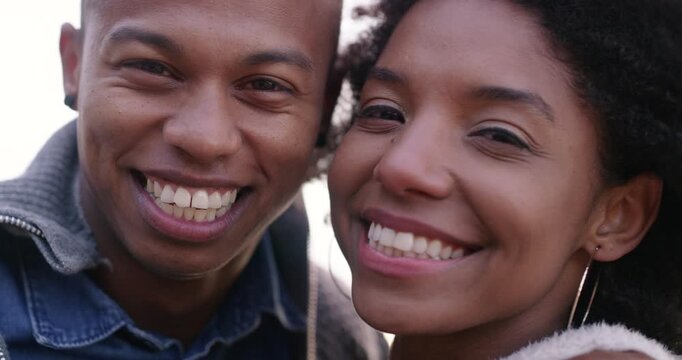 Happy, selfie and face of black couple outdoor for social media, memory and smile on holiday. Portrait, pov and man with woman bonding for vacation, weekend and connection for relationship and love