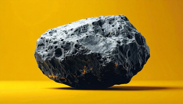 Minimalist monochrome spherical lava rock with porous texture resembling an asteroid in deep space Isolated yellow background4
