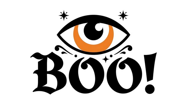 Spooky halloween boo text design featuring a stylized orange eye illustration for seasonal holiday graphic projects