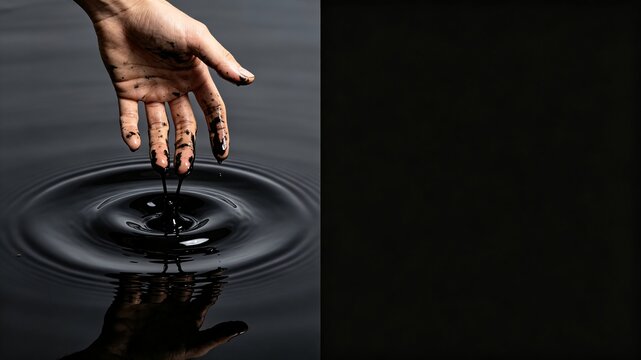 Hand covered in black oil dripping into water creating ripples