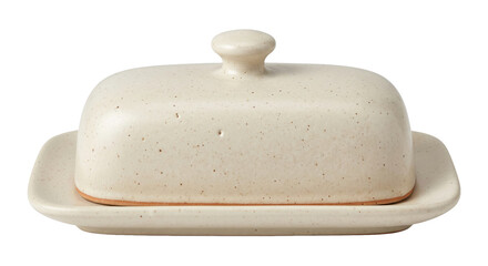 Speckled beige ceramic butter dish with a lid and knob handle is presented on a white background