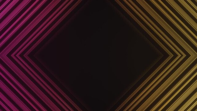 Neon diamond lines in crimson magenta and gold forming concentric rhombus frame on dark background, seamless loop
