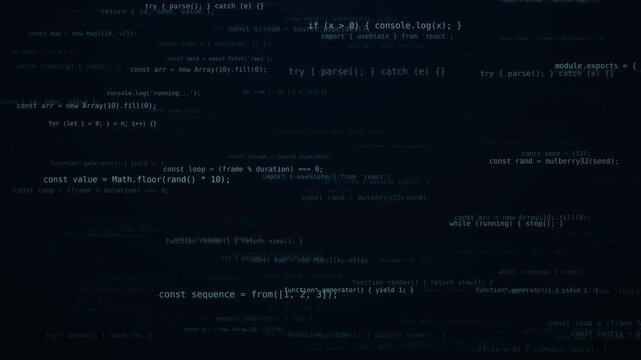 Lines of complex computer programming code drift slowly against a dark blue background to represent software development.