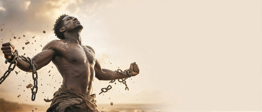 African american man breaking metal chains in symbolic act of liberation. Freedom from slavery and oppression. Remembrance of the slave trade and its abolition. Banner with copy space