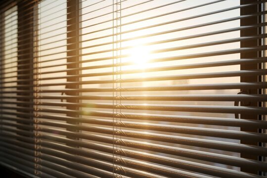 Sunlight streams through horizontal metal blinds on a window. Light creates striped shadows, highlighting a room interior. Morning or evening sun creates warm atmosphere and privacy.