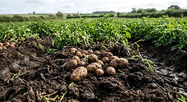 Freshly harvested raw brown potatoes lying in dark moist soil featuring earthy textures and natural tones captured with high detail in a bright outdoor summer setting