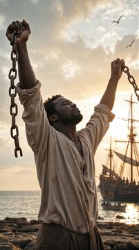 African man lifting broken chains with hands toward sky on seashore. Conceptual representation of freedom, liberation, and resilience. Commemoration of the abolition of slavery.