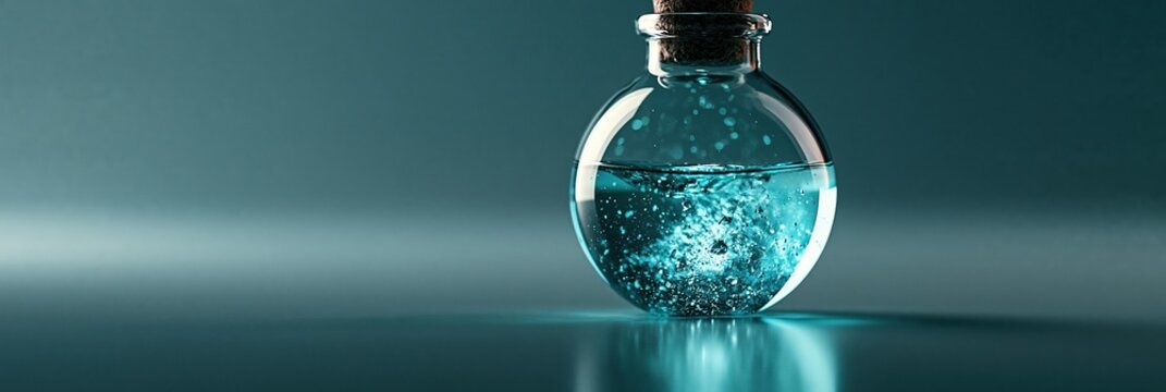Glowing liquid inside glass vial, mystical elixir for fantasy laboratory or Halloween concept