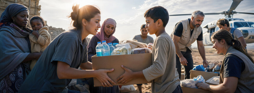 Humanitarian aid worker woman helping boy with box of food supply. International Humanitarian Day relief mission in desert camp with helicopter. Banner with copy space