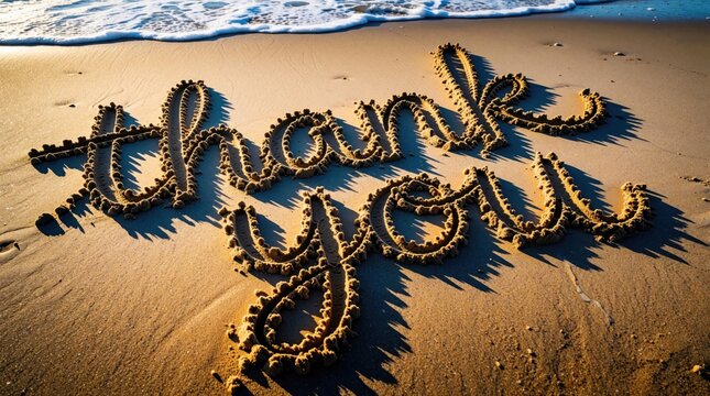 Text thank you written in cursive on beach sand with ocean waves washing ashore. Sandy letters cast long shadows under warm sunlight on shore.