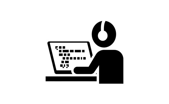 Customer support vector icon featuring a headset user working on laptop