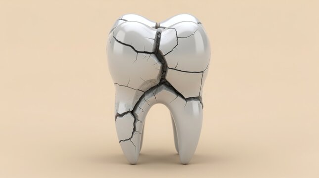 A shiny white tooth with multiple cracks, symbolizing dental damage or decay, set against a neutral beige background.