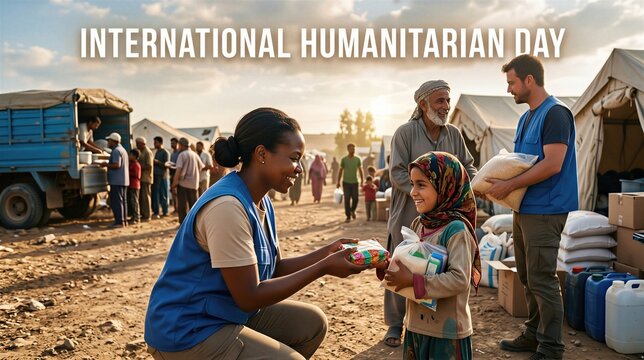 African american woman volunteer helping refugee child by giving food at camp. Humanitarian aid workers providing assistance to displaced people. International Humanitarian Day event.